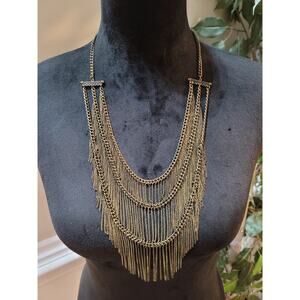 Women's Layered Fringe Statement Necklace With Lobster Clasp Antique Gold Look